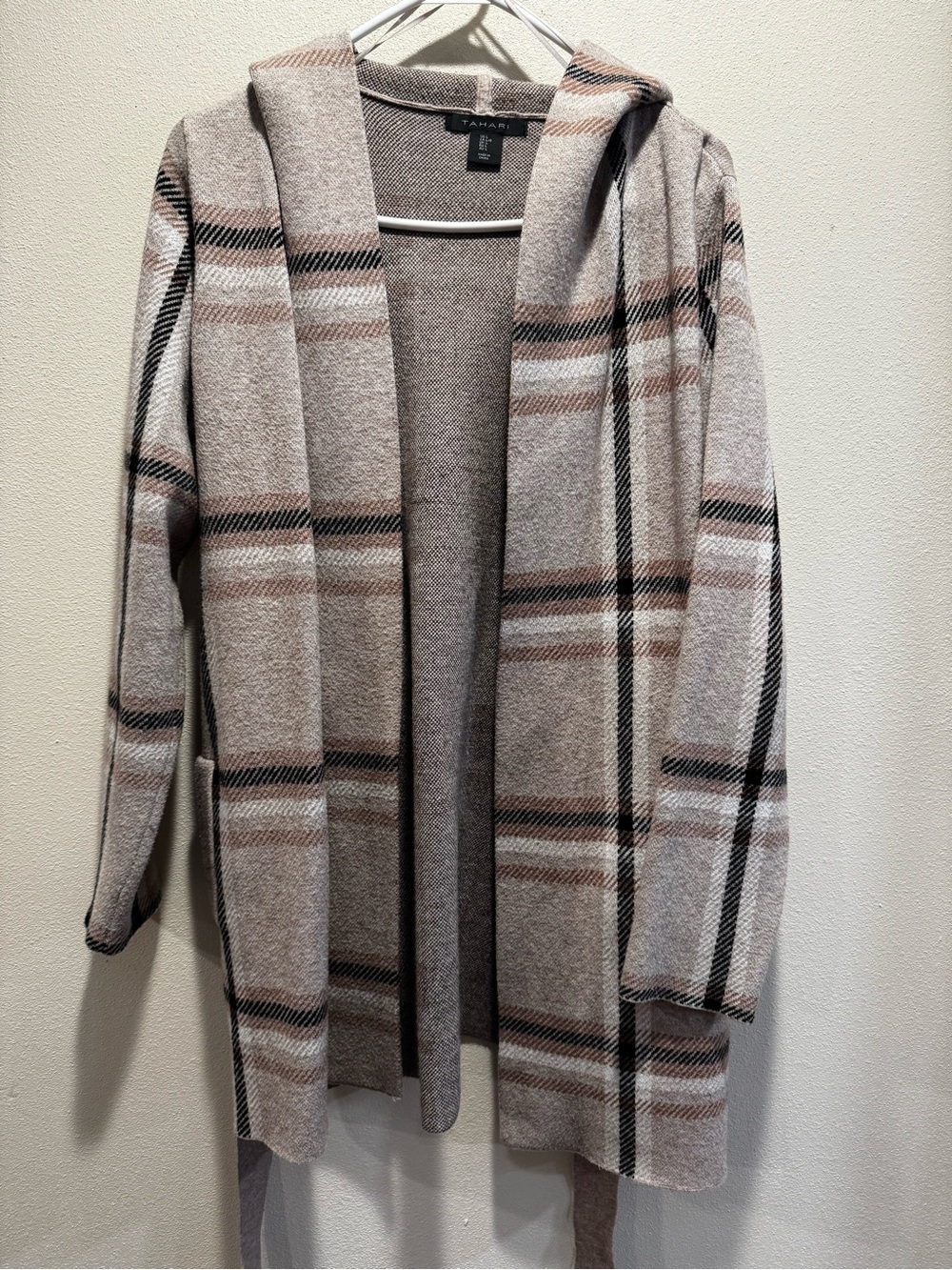 Tahari Hooded Open-Front Plaid Cardigan in Beige, Tan & Black